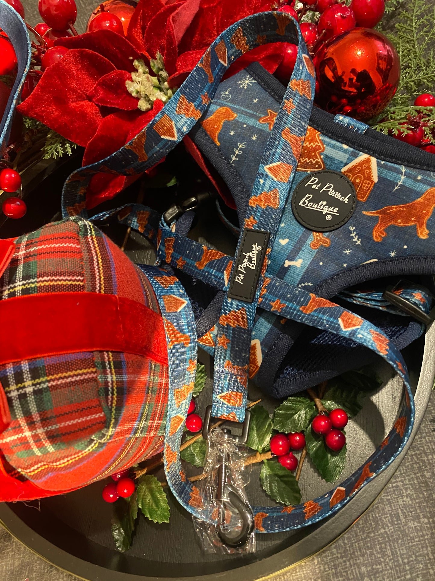 Gingerbread Biscuit Plaid Dog Harness - Blue/Xmas