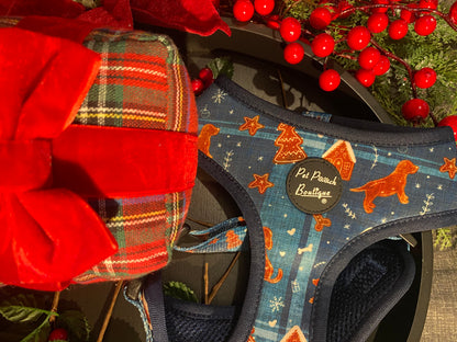 Gingerbread Biscuit Plaid Dog Harness - Blue/Xmas