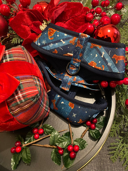 Gingerbread Biscuit Plaid Dog Harness - Blue/Xmas